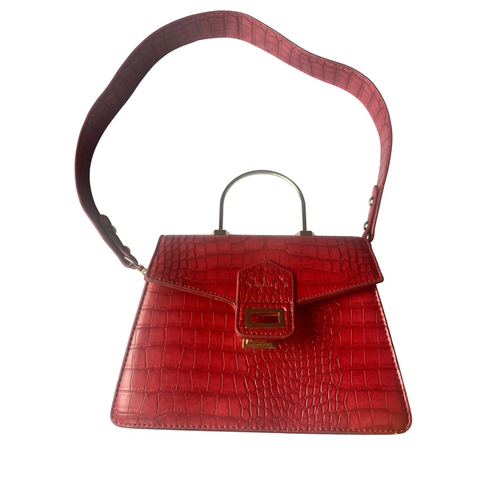 Sophia & Co Red Faux Croc Embossed Satchel Bag Gold Tone Top Handle Shoulder